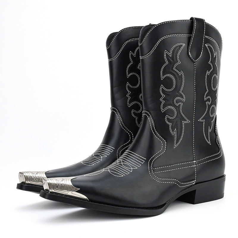 black Men's classic embroidery mid calf cowboy boots