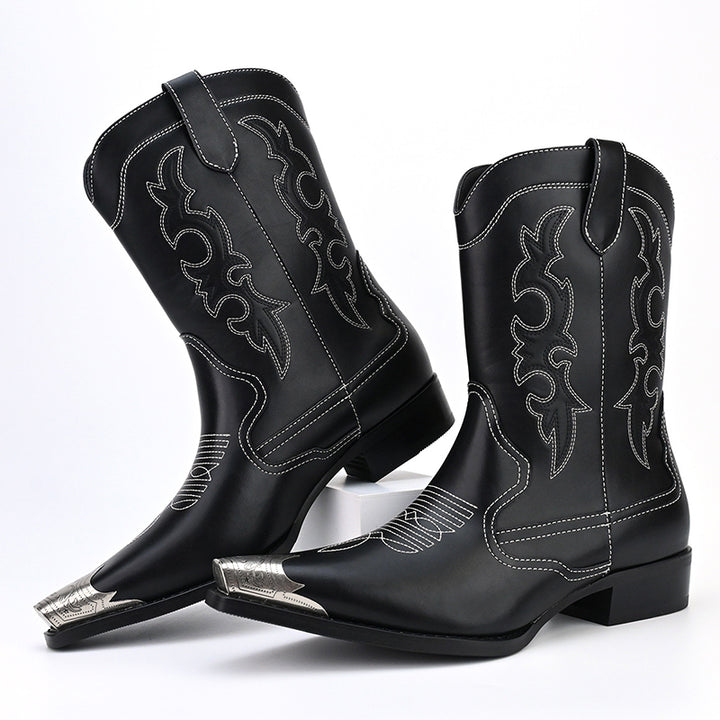 black Men's classic embroidery mid calf cowboy boots