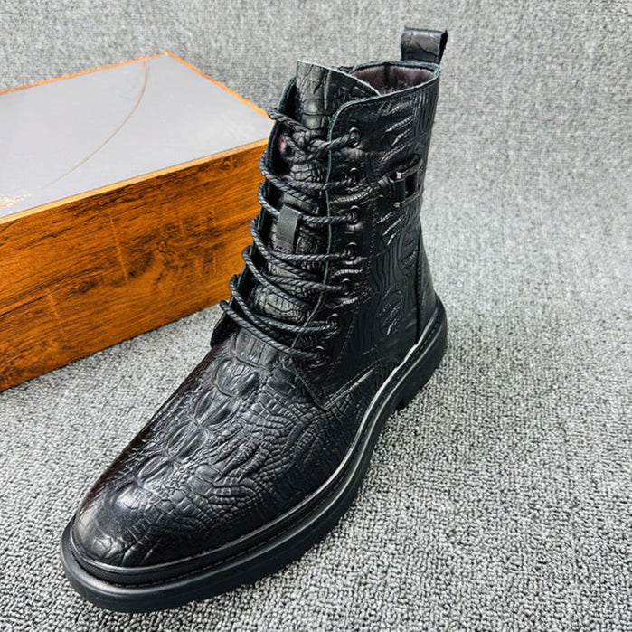 Men's geniune leather alligator pattern lace-up boots with warm plush lining