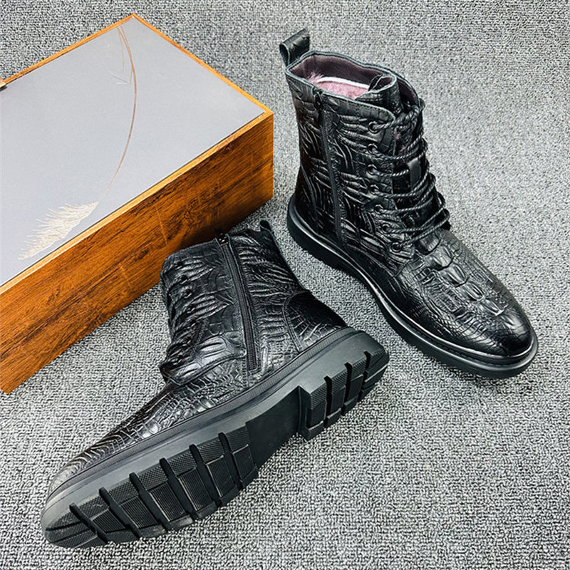 black hidden heel Men's geniune leather alligator pattern lace-up boots with warm plush lining