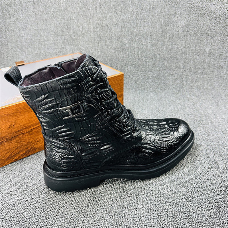 black Men's geniune leather alligator pattern lace-up boots with warm plush lining