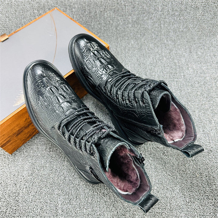 black Men's geniune leather alligator pattern lace-up boots with warm plush lining