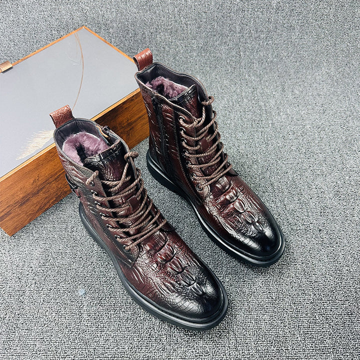 brown Men's geniune leather alligator pattern lace-up boots with warm plush lining