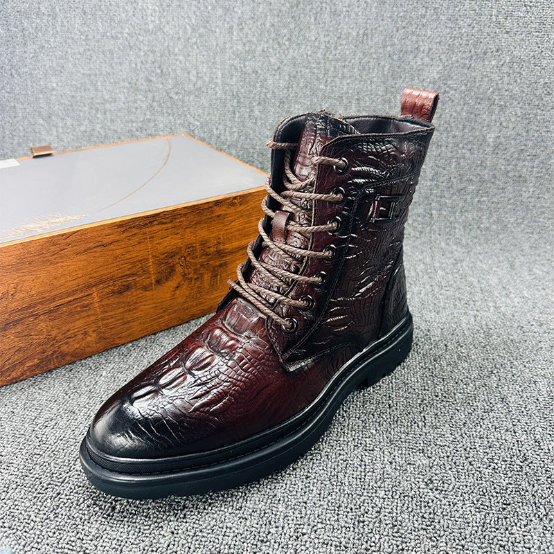 Men's geniune leather alligator pattern lace-up boots with warm plush lining