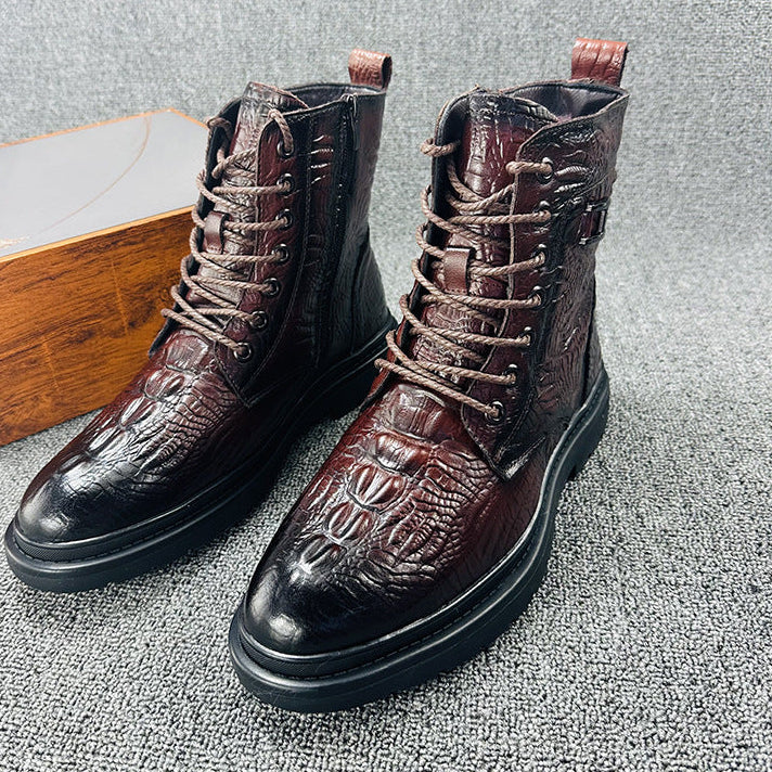 brown Men's geniune leather alligator pattern lace-up boots with warm plush lining