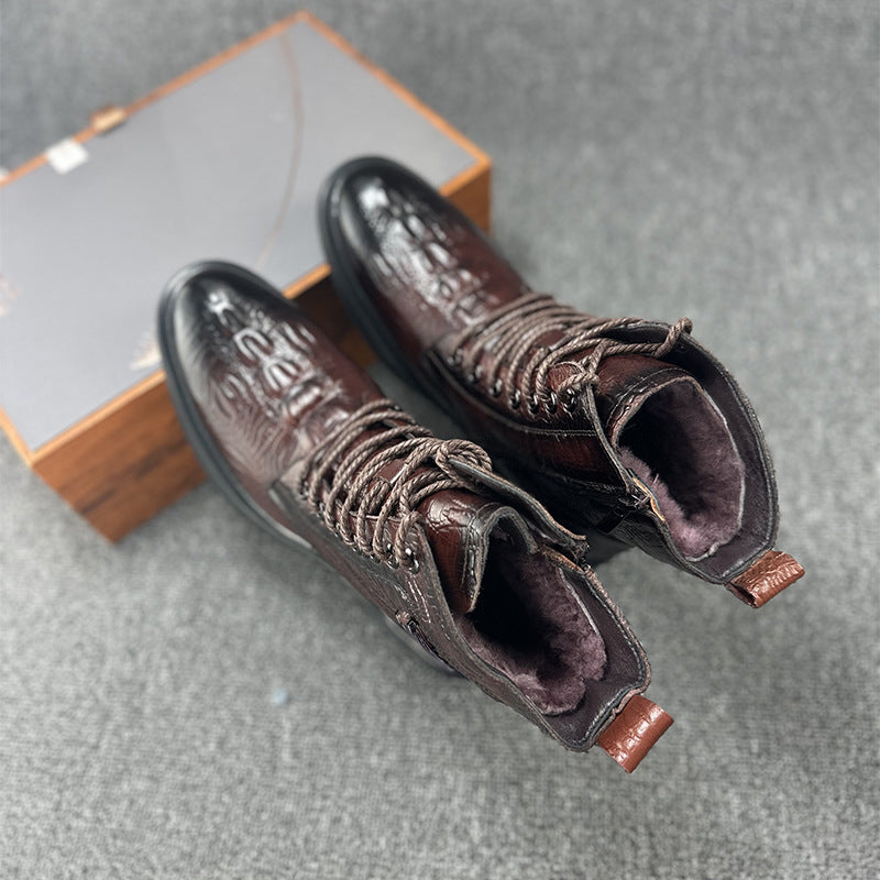 brown Men's geniune leather alligator pattern lace-up boots with warm plush lining