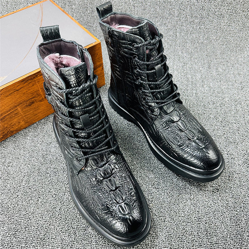 black hidden heel Men's geniune leather alligator pattern lace-up boots with warm plush lining