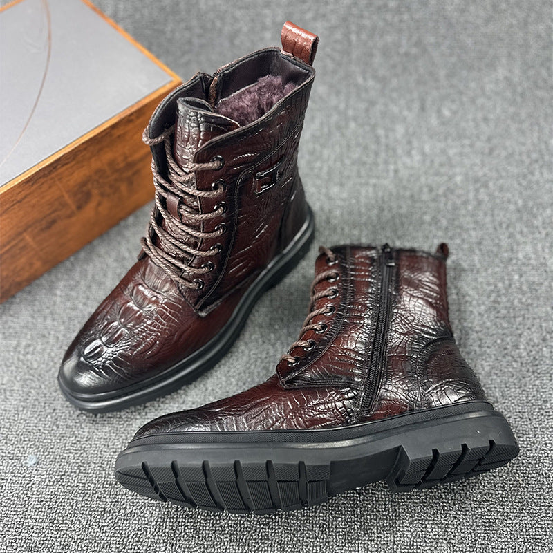 brown Men's geniune leather alligator pattern lace-up boots with warm plush lining