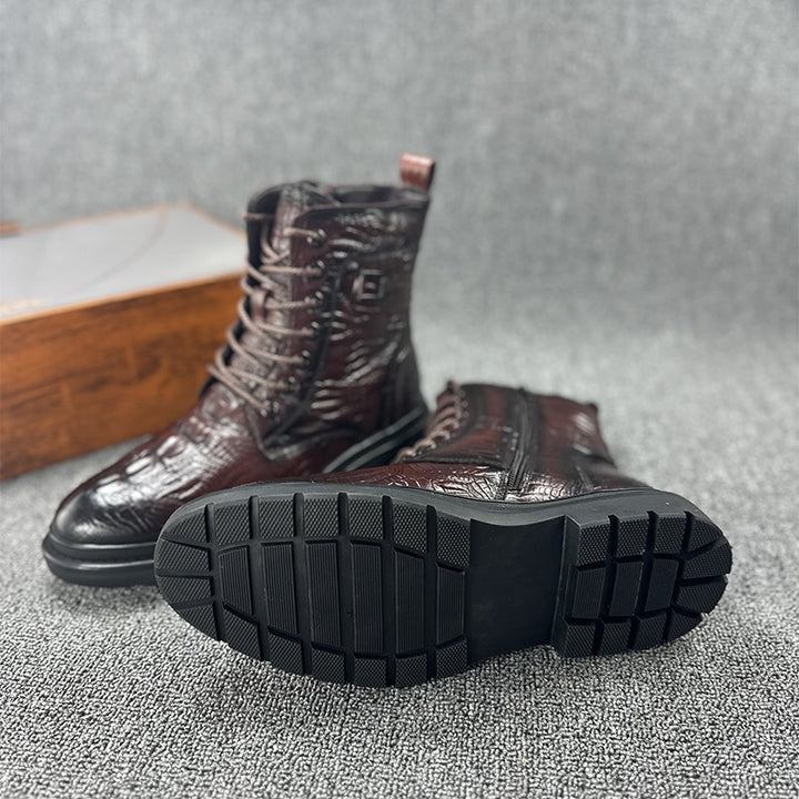 brown Men's geniune leather alligator pattern lace-up boots with warm plush lining