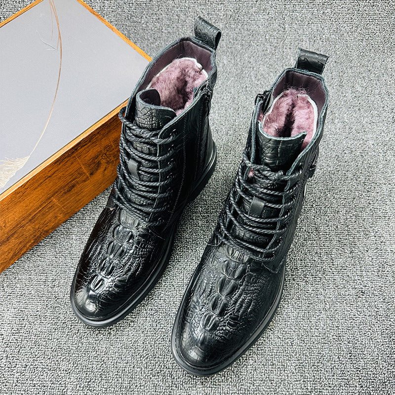 Men's geniune leather alligator pattern lace-up boots with warm plush lining