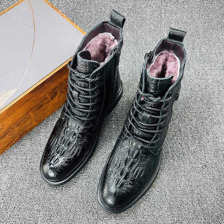 Men's geniune leather alligator pattern lace-up boots with warm plush lining