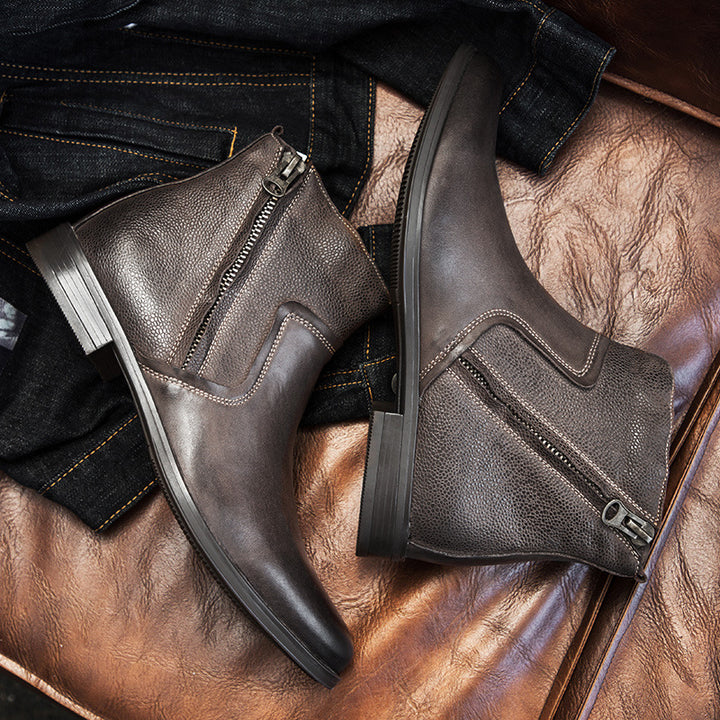 brown Men's geniune leather retro patchwork zipper boots