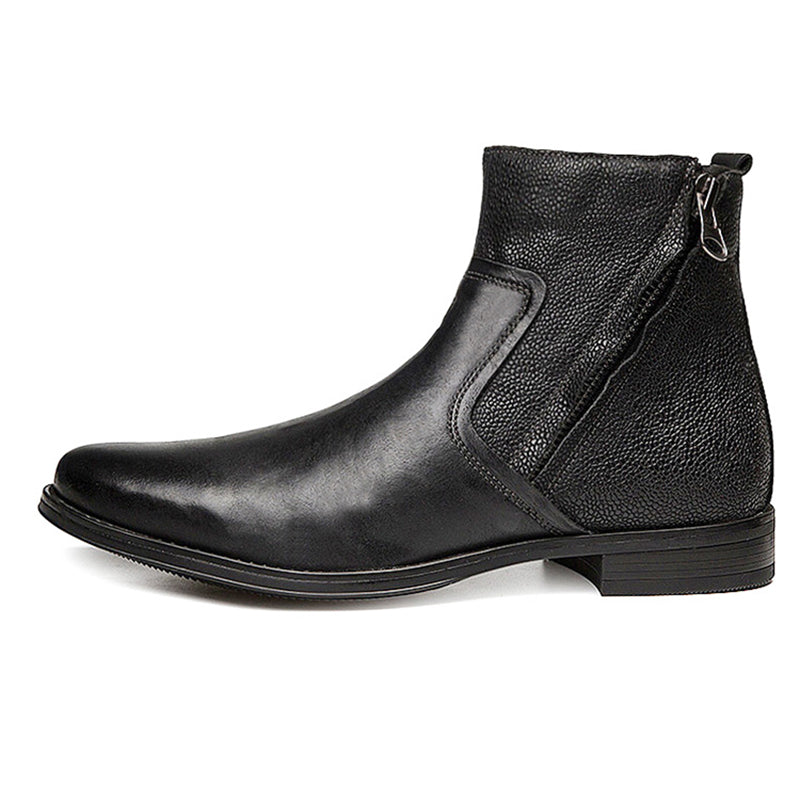 black Men's geniune leather retro patchwork zipper boots