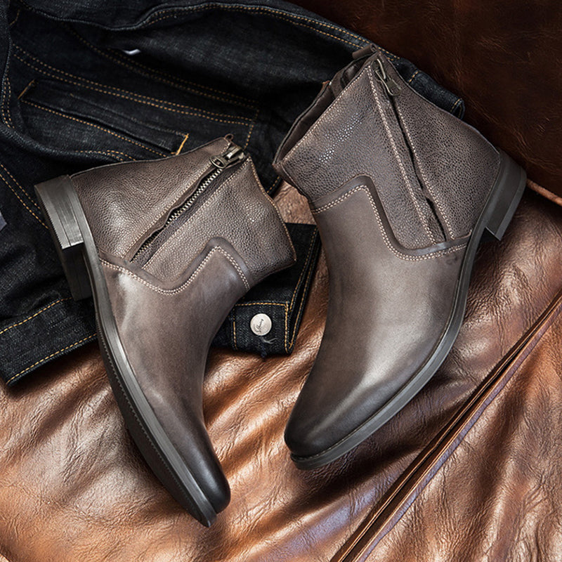 brown Men's geniune leather retro patchwork zipper boots