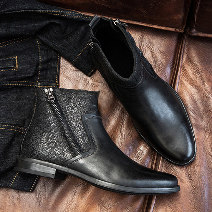 black Men's geniune leather retro patchwork zipper boots