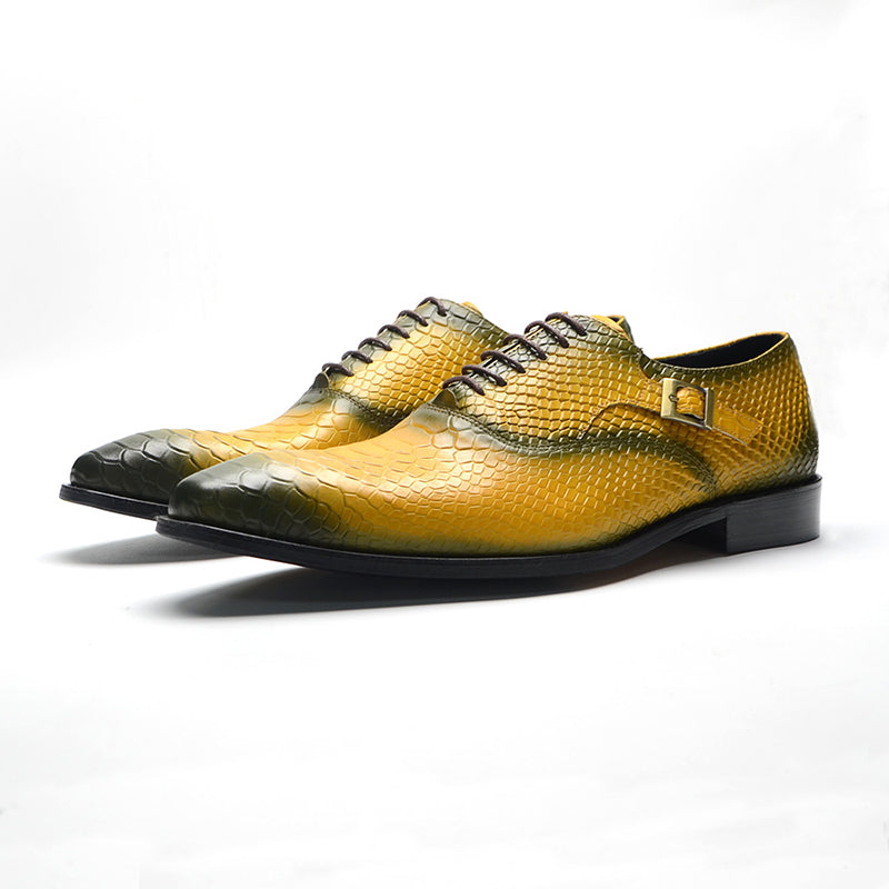 yellow Men's handmade alligator embossed leather oxfords shoes