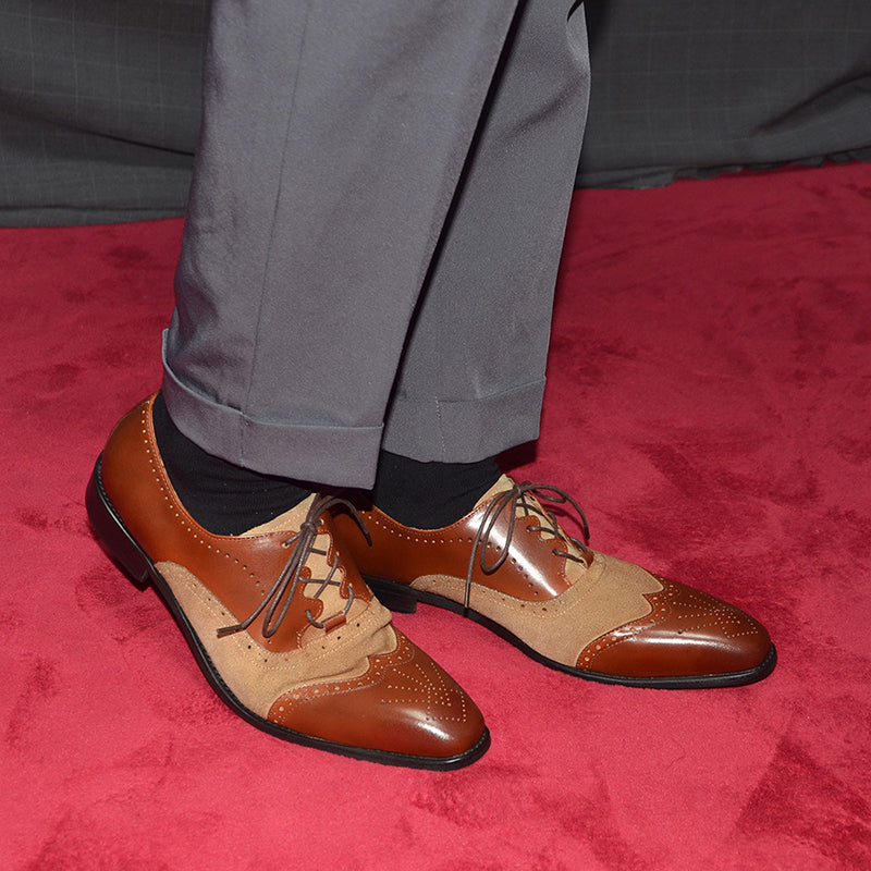 brown Men's handmade leather and tan suede brouge oxfords shoes