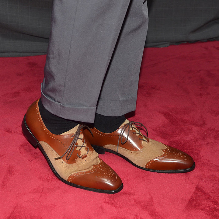 brown Men's handmade leather and tan suede brouge oxfords shoes