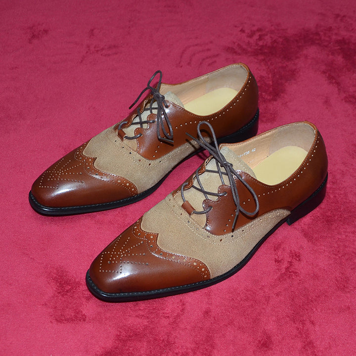 brown Men's handmade leather and tan suede brouge oxfords shoes