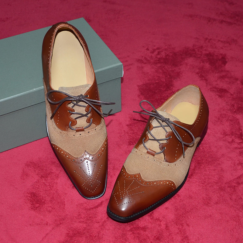 brown Men's handmade leather and tan suede brouge oxfords shoes