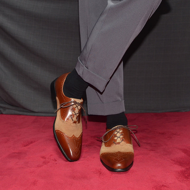 brown Men's handmade leather and tan suede brouge oxfords shoes