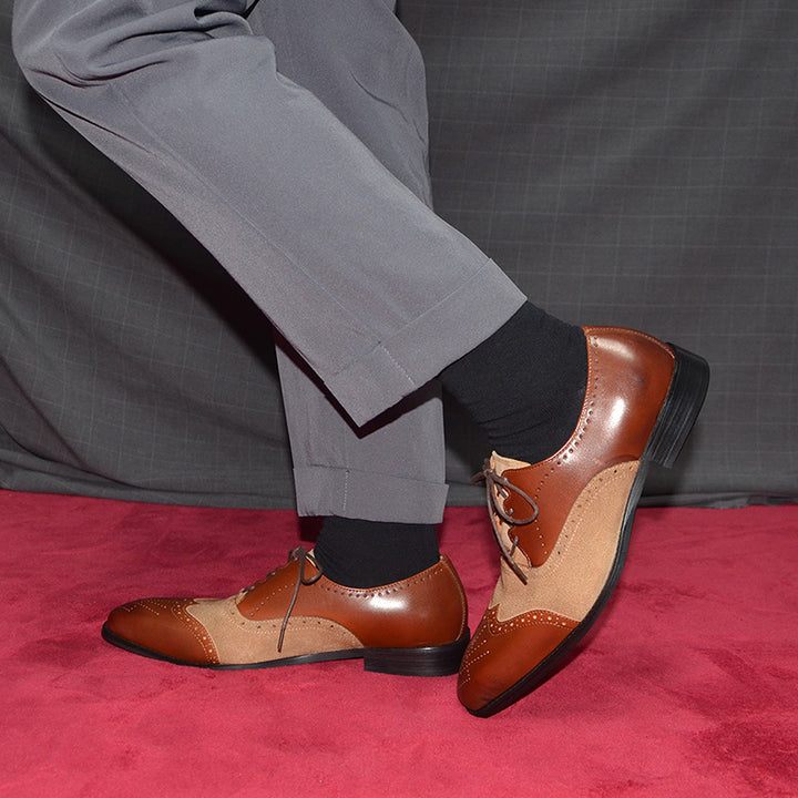 brown Men's handmade leather and tan suede brouge oxfords shoes