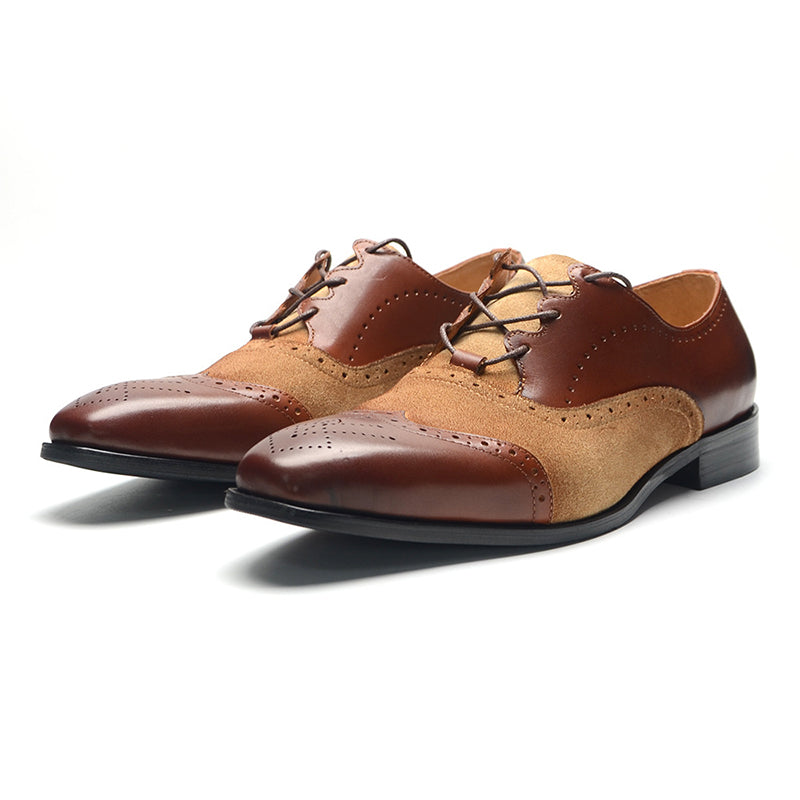 brown Men's handmade leather and tan suede brouge oxfords shoes