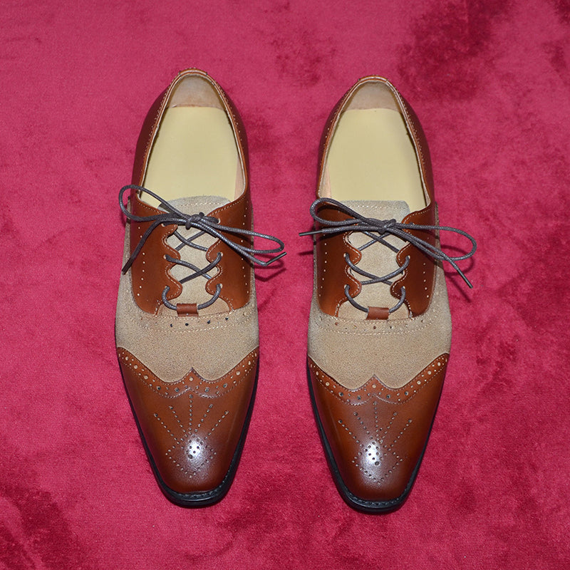 brown Men's handmade leather and tan suede brouge oxfords shoes