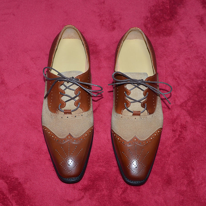 brown Men's handmade leather and tan suede brouge oxfords shoes