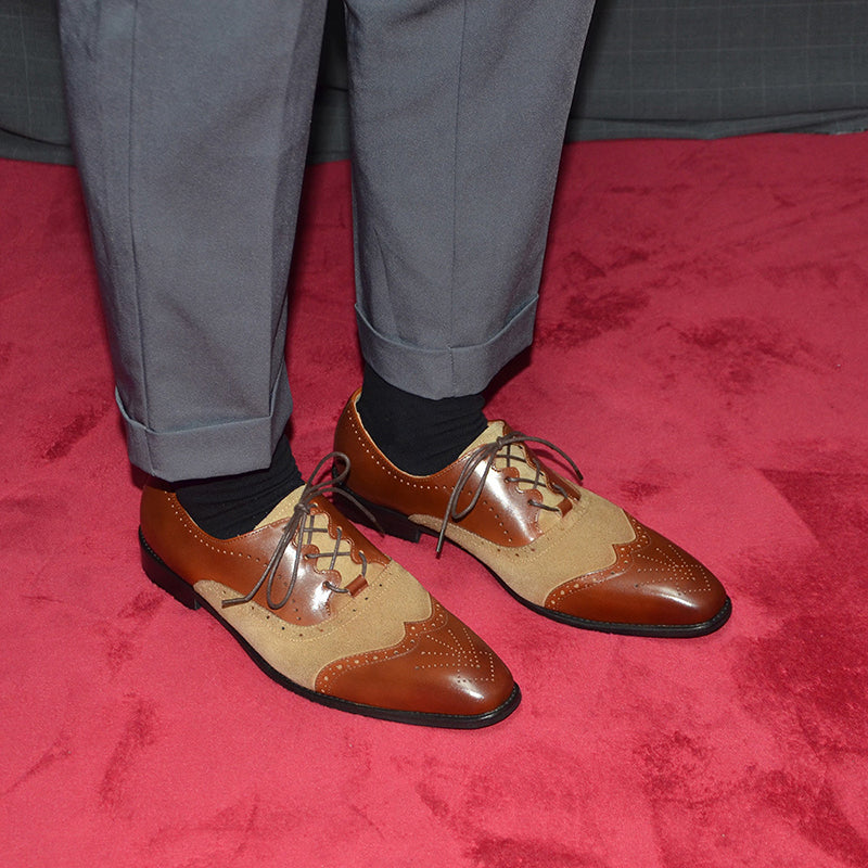 brown Men's handmade leather and tan suede brouge oxfords shoes
