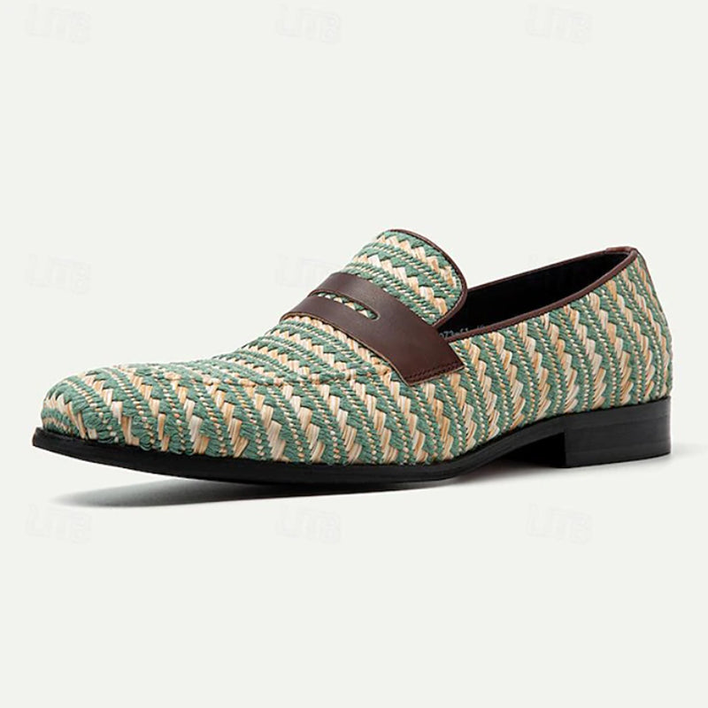 Men's handmade leather woven penny loafers green and beige