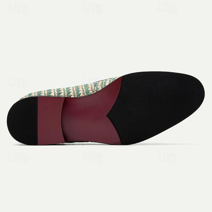 Men's handmade leather woven penny loafers green and beige