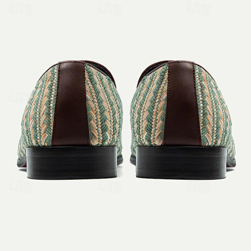 Men's handmade leather woven penny loafers green and beige