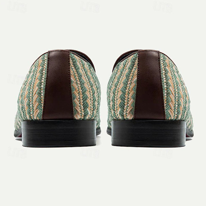 Men's handmade leather woven penny loafers green and beige