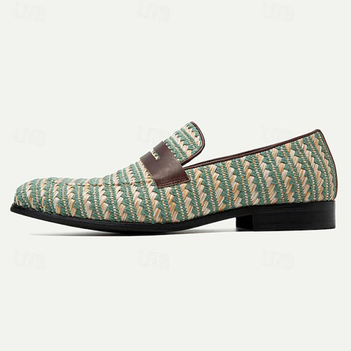 Men's handmade leather woven penny loafers green and beige