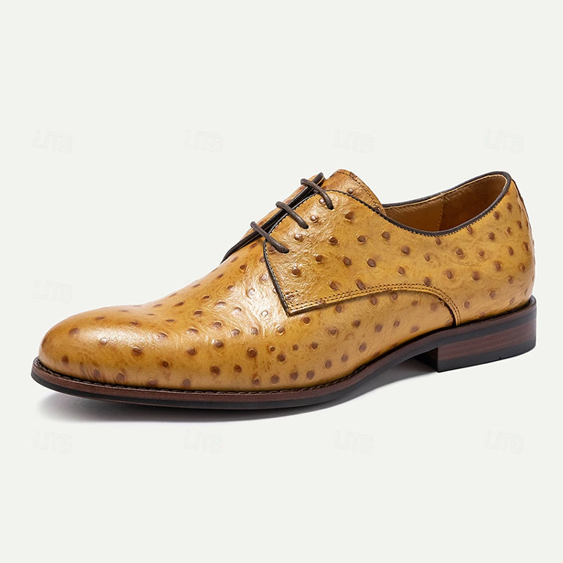 Men's handmade ostrich print leather derby shoes