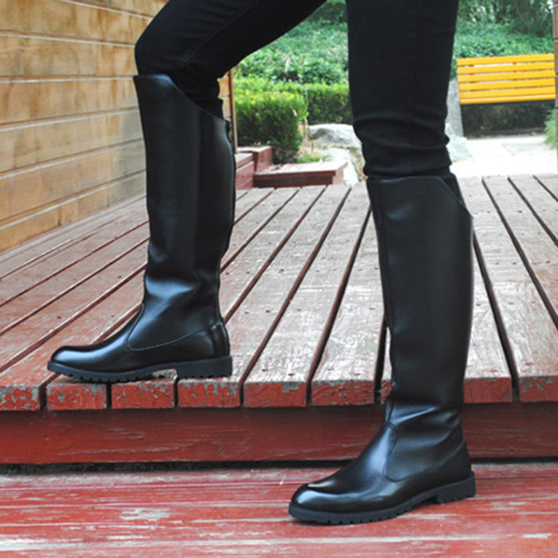 black Men's knee high riding boots with back zipper