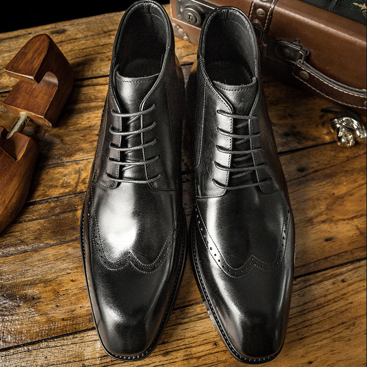 Mens leather ankle boots square toe low heel lace up boots