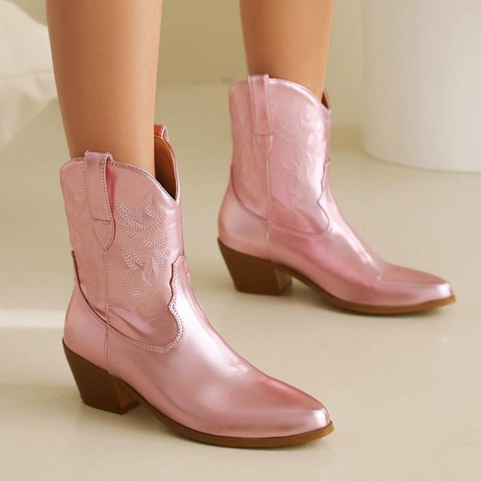 Metallic embroidery block heels short cowboy boots