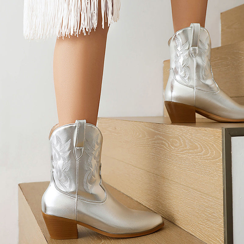 Metallic embroidery block heels short cowboy boots