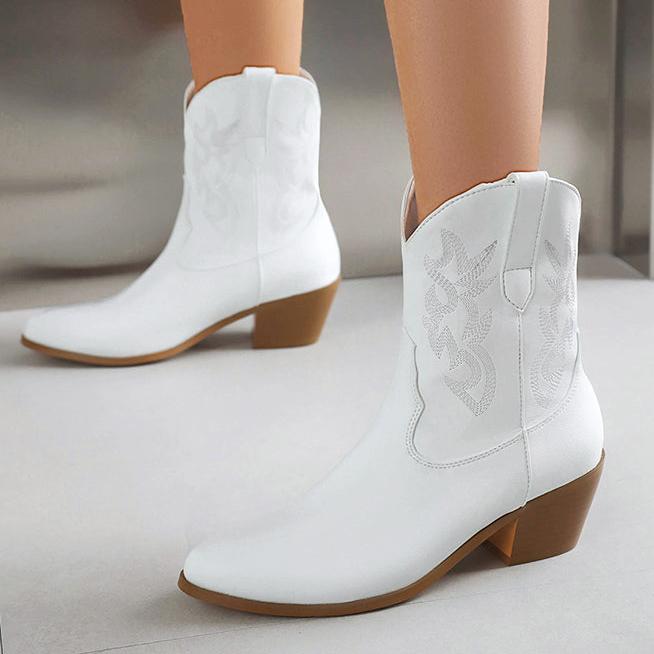 Metallic embroidery block heels short cowboy boots