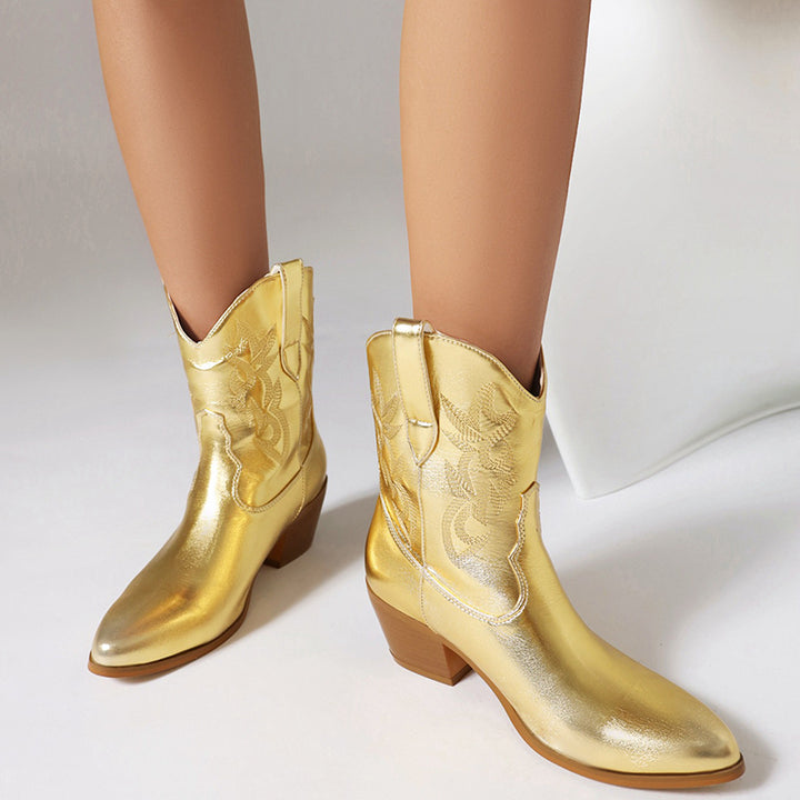 Metallic embroidery block heels short cowboy boots