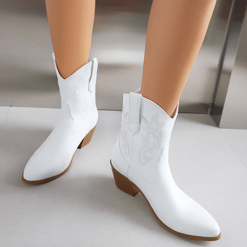 Metallic embroidery block heels short cowboy boots