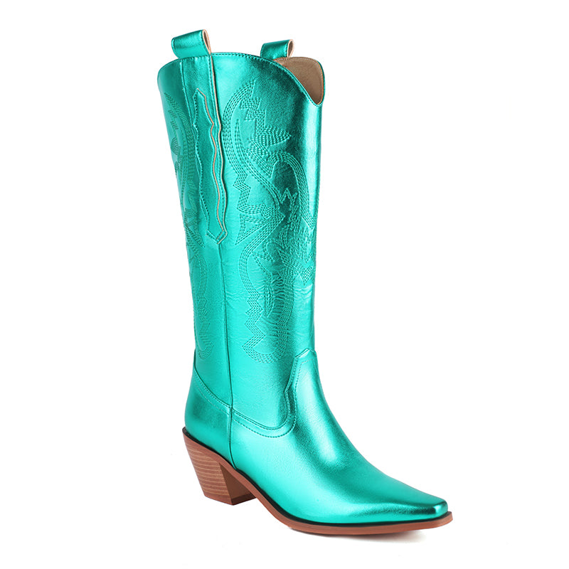 Metallic embroidery solid color western boots under the knee