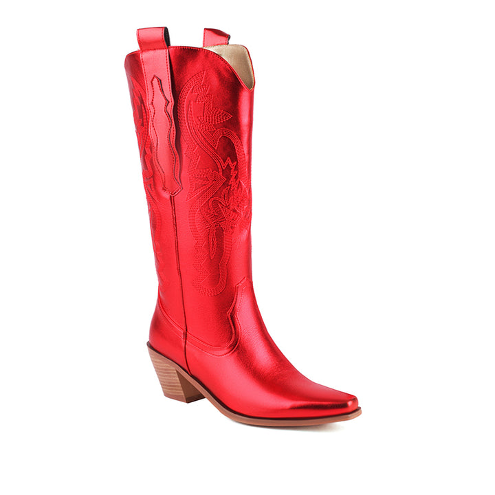 Metallic embroidery solid color western boots under the knee