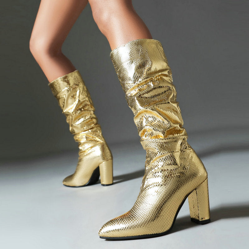 Metallic under the knee gogo boots