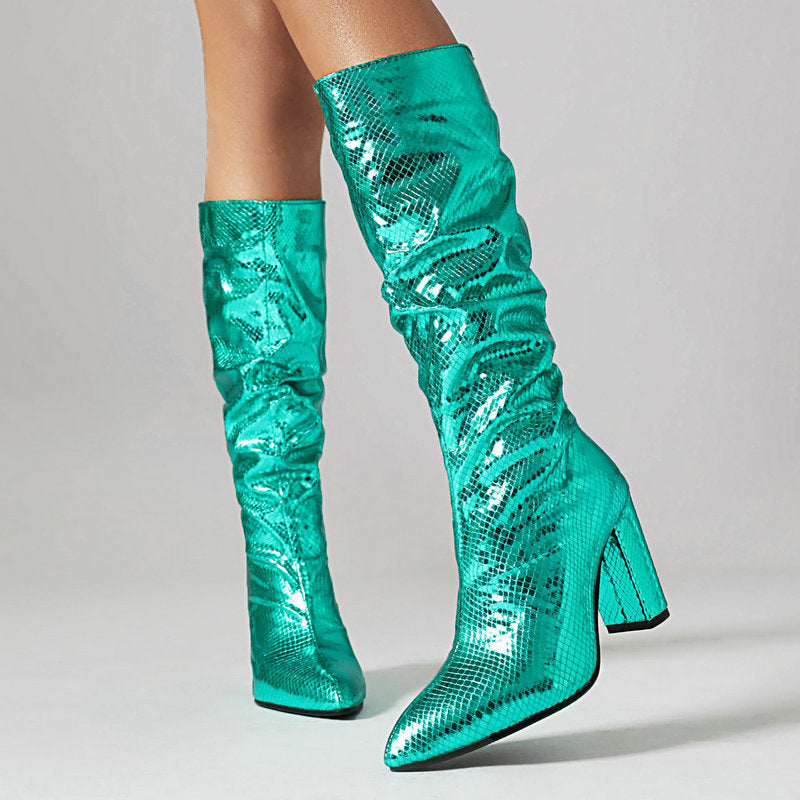 green Metallic under the knee gogo boots