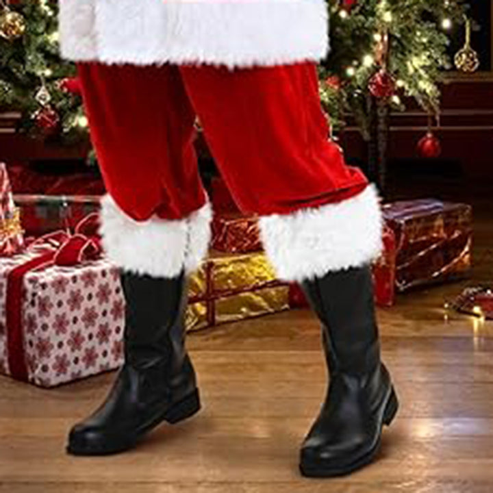 black Mid Calf Santa Claus Boots with Fuzzy Cuffs