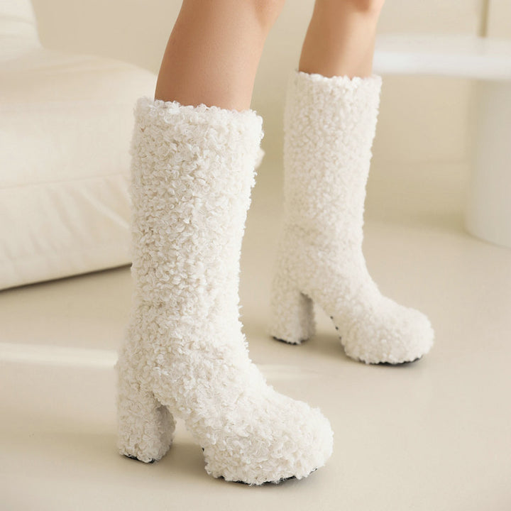 Mid calf furry shearling boots warm plush lined boots