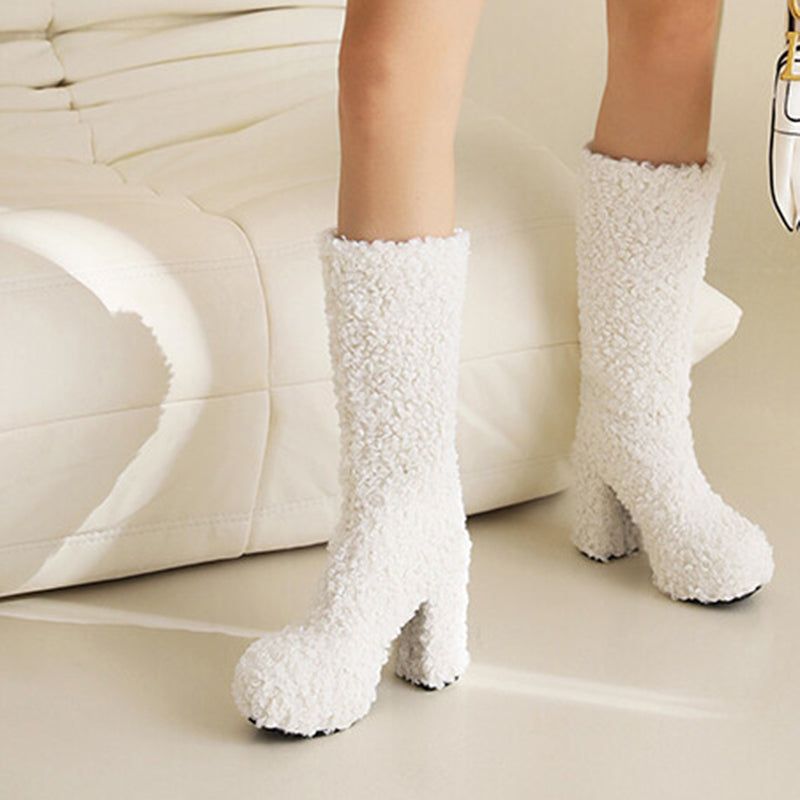 white Mid calf furry shearling boots warm plush lined boots